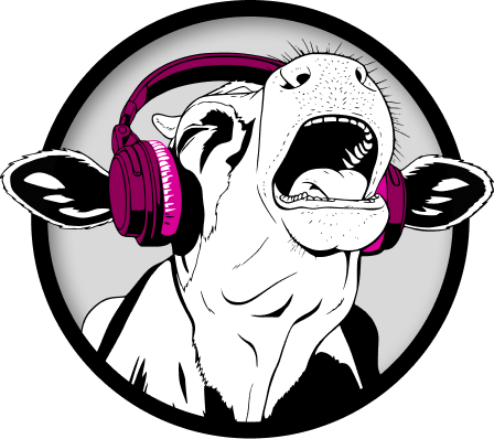 Mu mu cow with headphones