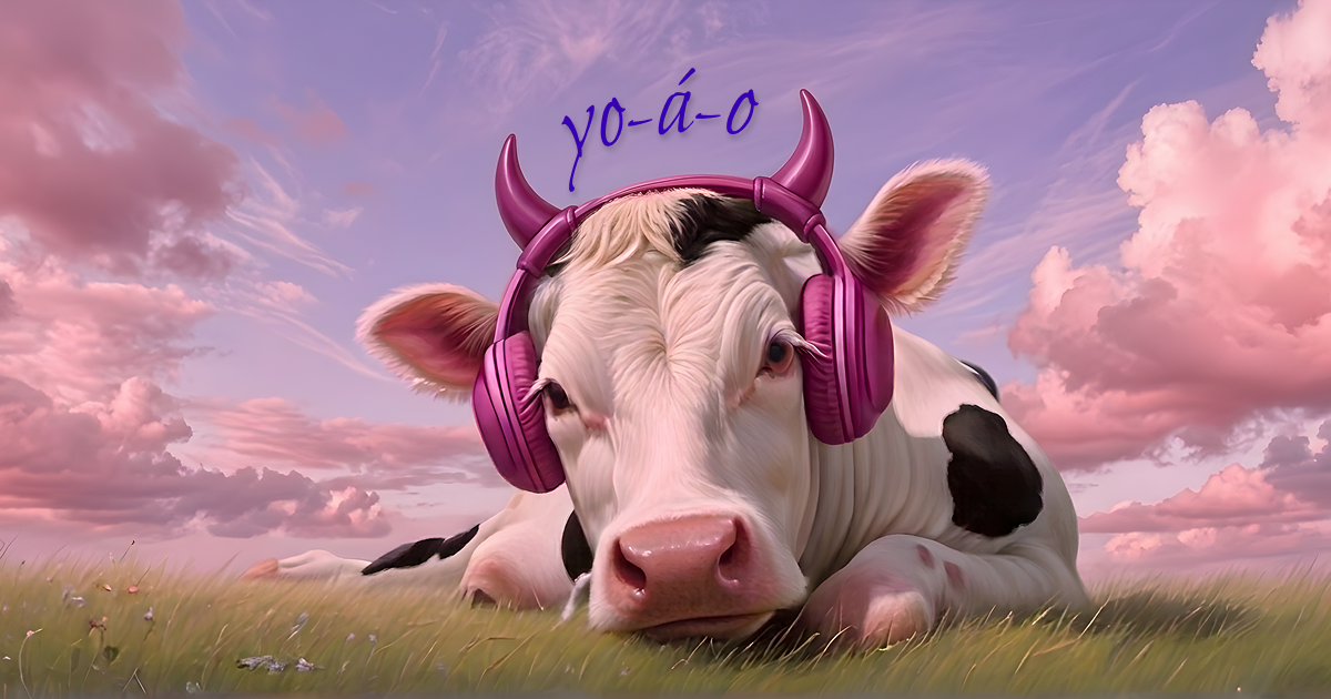 Mu mu cow with headphones